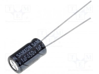 Кондензатор KM1/450 Кондензатор: електролитен; THT; 1uF; 450V; O6,3x11mm; Растер:2,5mm